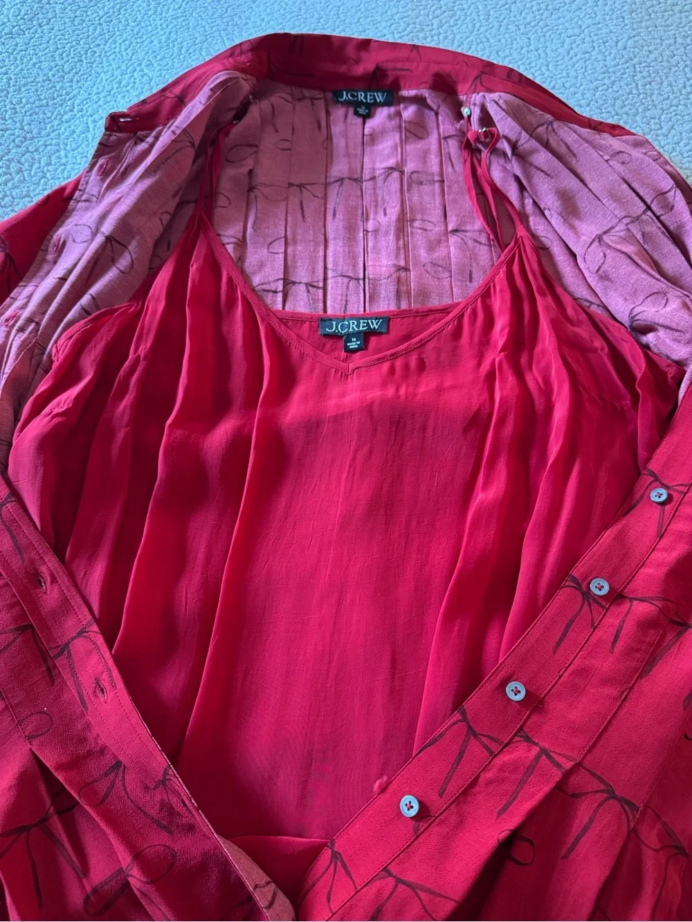 J.Crew Red Drapey Pleated Shirt-Dress in Bow Print Size 16
